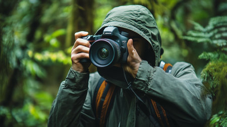 Photographer taking picture in the forest. Travel and adventure concept.