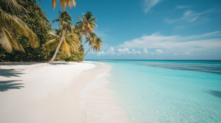 Tropical beach with coconut palm trees and turquoise seaの写真素材