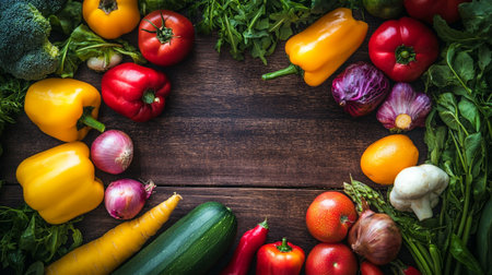 Healthy food background. Fresh vegetables on wooden table. Top view.