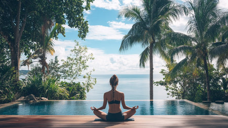 Young woman practicing yoga in lotus pose near swimming pool with sea viewのeditorial素材