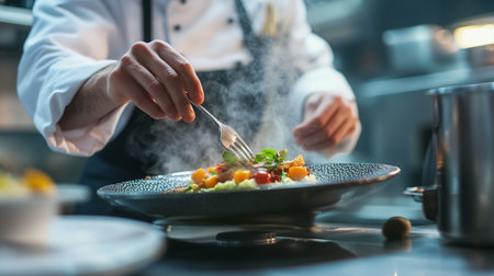 Chef preparing food in the kitchen, Chef decorating dish with fresh vegetables