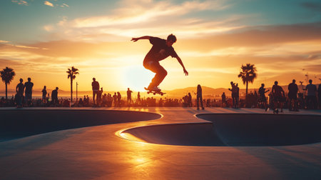 Skateboarder riding a skateboard on a skatepark at sunsetの写真素材