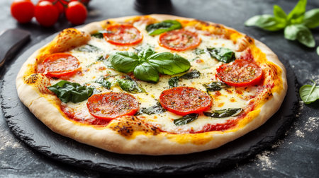 Pizza with mozzarella cheese, tomatoes and basil on black backgroundの写真素材