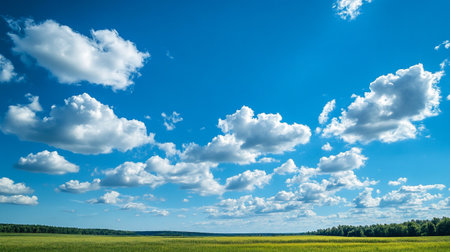 Landscape with green field, blue sky and white clouds. Russiaの写真素材