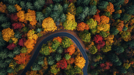 Aerial view of the road in the autumn forest with colorful trees