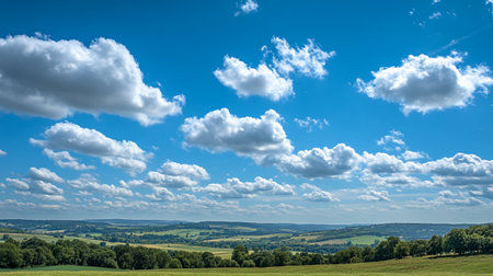 Beautiful summer landscape with green meadows and blue sky with cloudsの写真素材