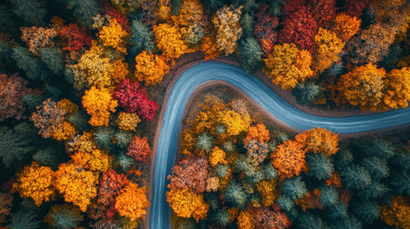 Aerial view of the road in the autumn forest. Top view