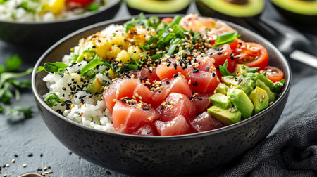 Hawaiian tuna poke bowl with rice, avocado, tomatoes, sesame seeds and cilantro on black background