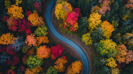 Aerial view of a road in the forest in autumn. Top view