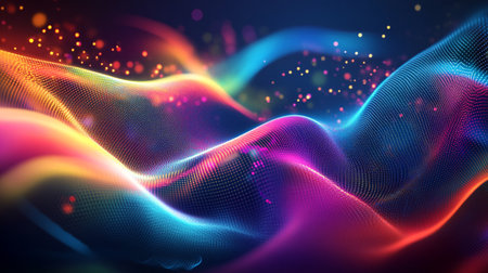 3d rendering of abstract digital particles wave with depth of field and bokeh lights