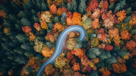 Aerial view of winding road in autumn forest. Top view.