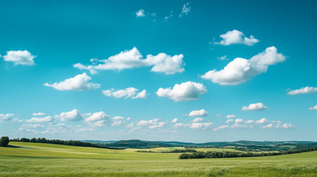 Beautiful summer landscape with green field, blue sky and white clouds