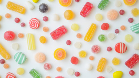 Colorful candies on white background. Top view. Flat lay.
