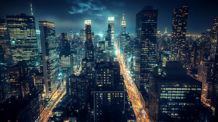 New York City Manhattan midtown view with skyscrapers illuminated at night