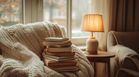 A stack of books on a sofa in the living room with a lamp