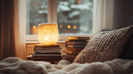 Cozy home interior with books, lamp and plaid on windowsill