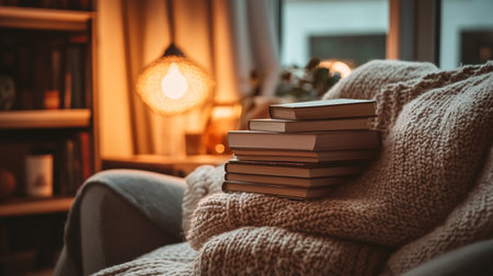 Stack of books on sofa in living room, closeup. Cozy atmosphere