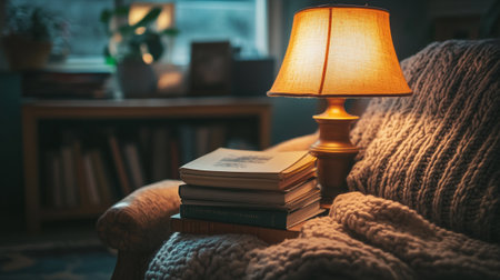 A stack of books and a lamp on a sofa in the living roomの写真素材
