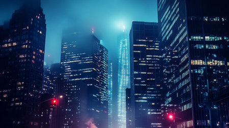 Night view of skyscrapers in financial district of New York Cityの写真素材