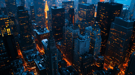New York City Manhattan midtown skyline at night with skyscrapers and neon lights.