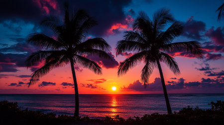 Beautiful sunset on the beach with palm trees silhouettes and sea