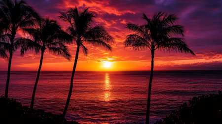 Beautiful sunset over the ocean. Silhouette of palm trees.の写真素材