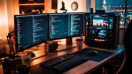 Close up of computer monitors in a room with a blurry background.