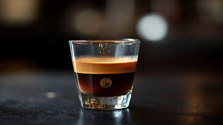 Espresso in a glass on a bar counter, shallow depth of fieldの写真素材