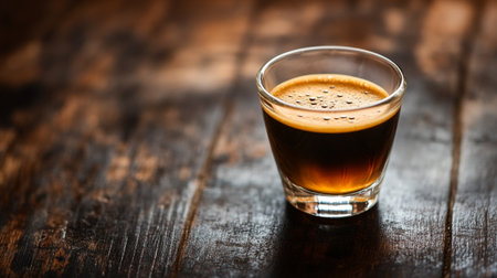 Espresso coffee in a glass on a wooden background with copy spaceの写真素材