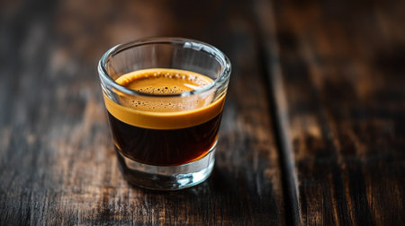 Espresso coffee in a glass on dark wooden background, selective focus.