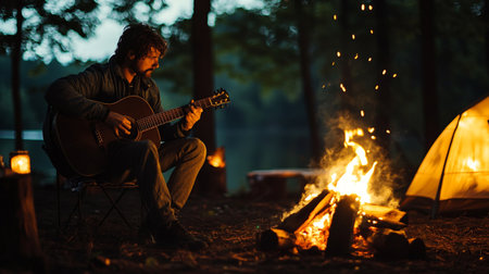 Young man playing guitar near bonfire in forest. Camping conceptのeditorial素材