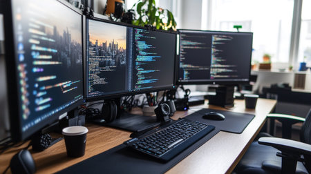 Close-up of computer monitors with code on screen in office.