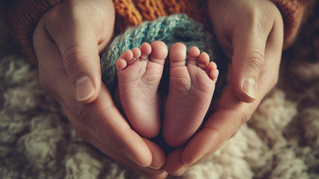 Newborn baby feet in mother's hands, close-up.