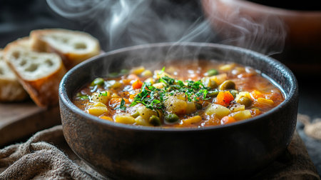 Vegetable soup with green peas, carrot, onion and parsley