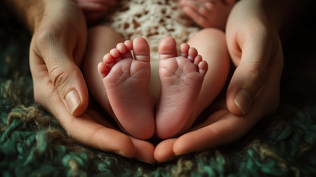 Newborn baby feet in the hands of mother, close-up