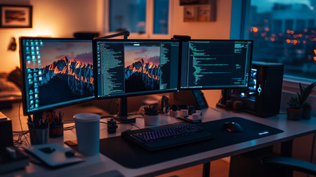 Close-up of computer monitors on table in room with big windows
