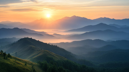 Sunrise in the mountains. Landscape with sunrise and fog.