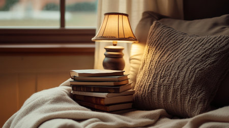 Comfortable bed with books and lamp on window sill, closeup