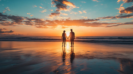 Couple holding hands and looking at sunset on the beach, silhouette