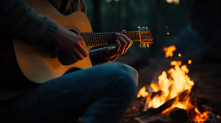 Man playing guitar on bonfire in the forest at sunset, closeupの写真素材