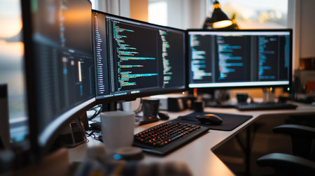 Close-up of modern desktop with multiple computer screens with code.