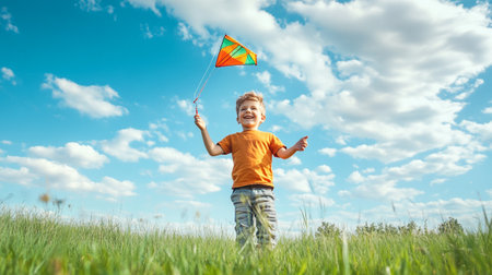 Cute little boy playing with a kite in a summer fieldのeditorial素材