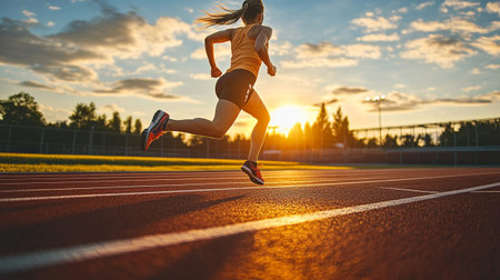 Young woman running on stadium track at sunset. Female athlete jogging on racetrack at sunset.
