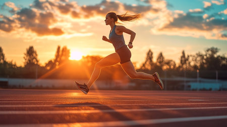 Athletic woman running on stadium track at sunset. Sport, fitness and healthy lifestyle concept.のeditorial素材