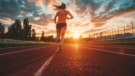 Athletic young woman running on a track at sunset.のeditorial素材