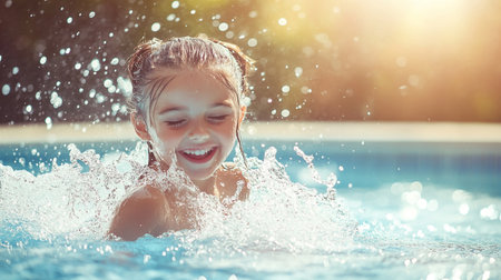 Happy little girl splashing water in swimming pool on hot summer dayのeditorial素材