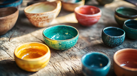 Colorful ceramic bowls and plates on the old wooden table. Vintage style.