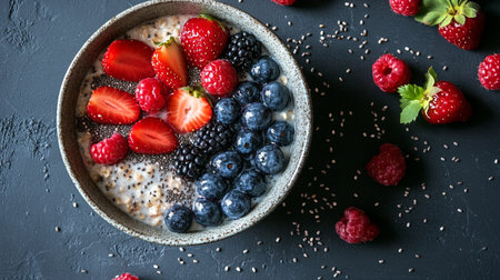 Healthy breakfast. Oatmeal porridge with fresh berries and chia seeds on black background. Top view, copy spaceの写真素材