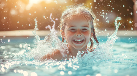 Happy little girl splashing water in swimming pool on hot summer dayのeditorial素材