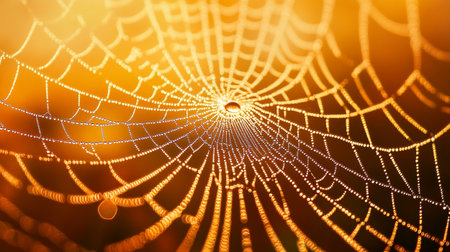 spider web with dew drops at sunrise, shallow depth of field